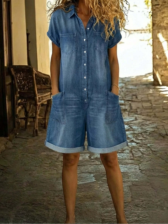 Women Plain Shawl Collar Short Sleeve Vintage Summer Denim Jumpsuit