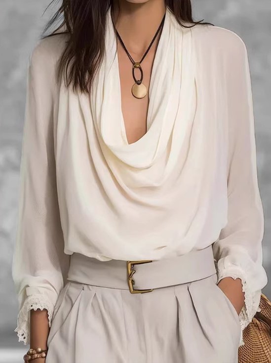 Cowl Neck Long Sleeve Plain Lightweight Regular Fit Blouse For Women