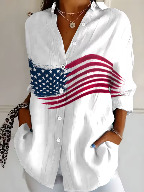 Shirt Collar Regular Sleeve Long Sleeve America Flag Buckle Regular Loose Button Up Shirt Shirt For Women