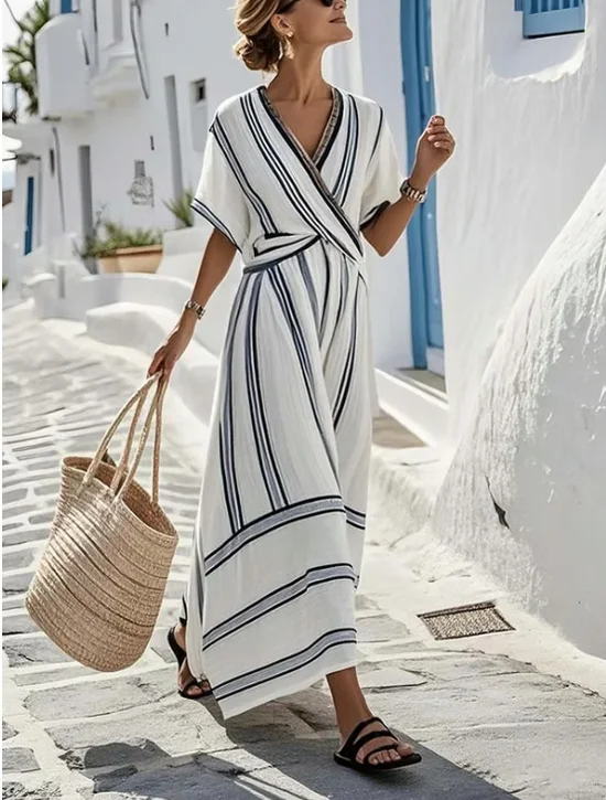 Women Abstract Stripes Summer Dress V Neck Short Sleeve Fit & Flare Dress A-Line Dress