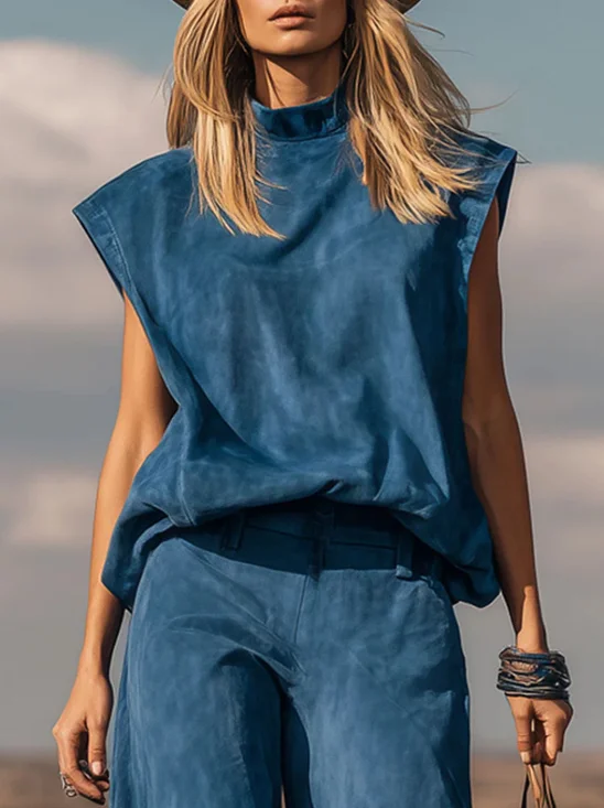 Women Plain Two-Piece Set Daily Sleeveless Vintage Summer Top With Pants Matching Set