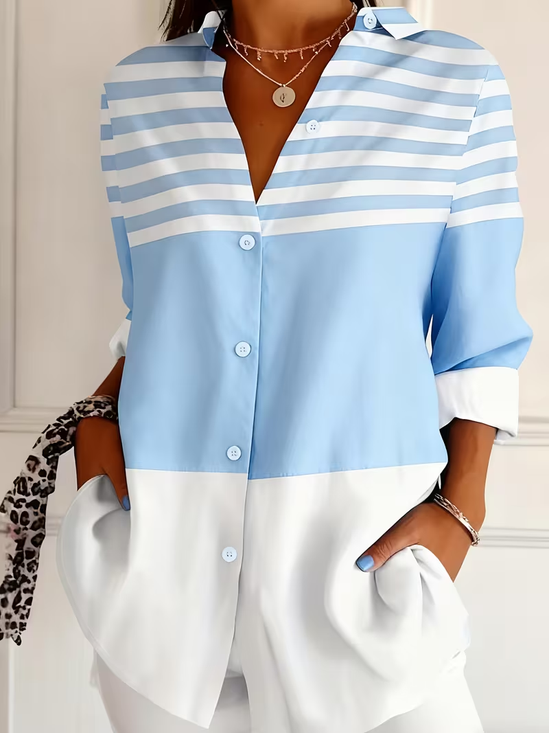 Shirt Collar Regular Sleeve Long Sleeve Striped Buckle Regular Loose Button Up Shirt Shirt For Women