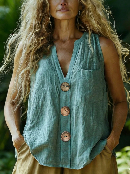 V Neck Sleeveless Plain Regular Regular Fit Blouse For Women