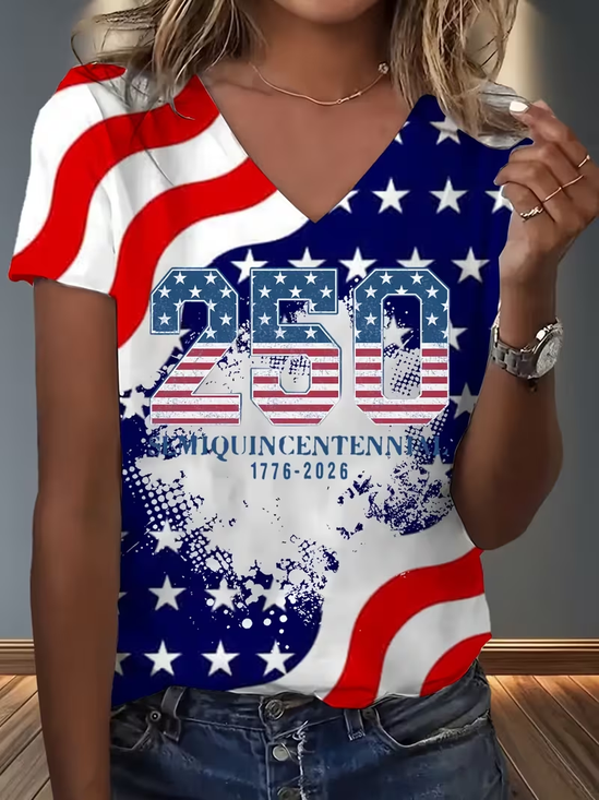 Vintage America 250 Years Anniversary Print V Neck Short Sleeve T-shirt