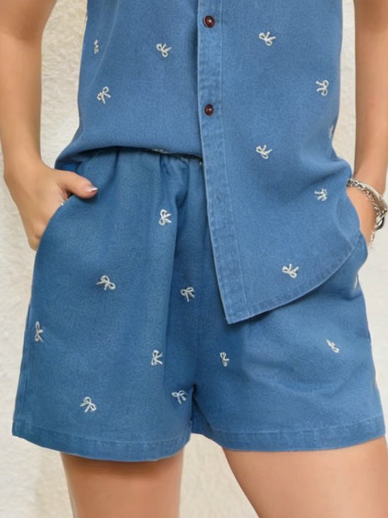 Cotton Bows Embroidery Pattern Cotton Going Out Denim Shorts