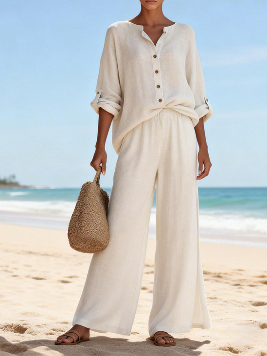 Women Plain Two-Piece Set Daily Long Sleeve Casual Spring/Fall Top With Pants Matching Set