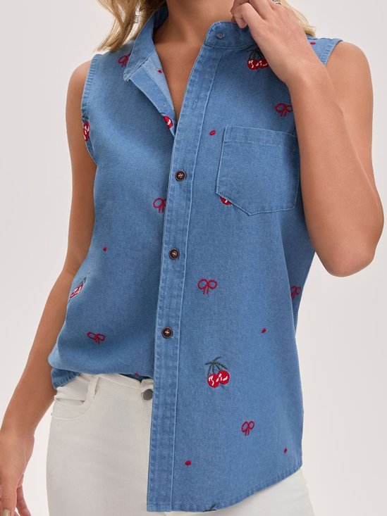 Washed Denim Fashion Cardigan Jacket Bows Cherry Embroidery Patterns Stand Collar Sleeveless Summer Spring Going Out Denim Top
