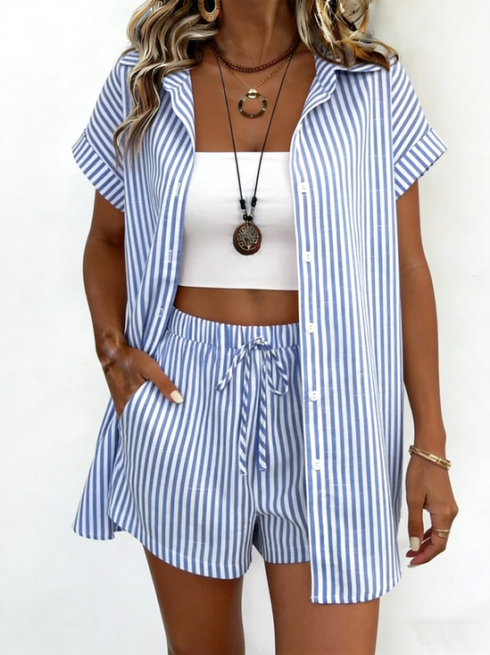 Women Striped Two-Piece Set Daily Short Sleeve Casual Summer Top With Pants Matching Set