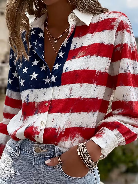 Shirt Collar Regular Sleeve Long Sleeve America Flag Buckle Regular Loose Button Up Shirt Shirt For Women