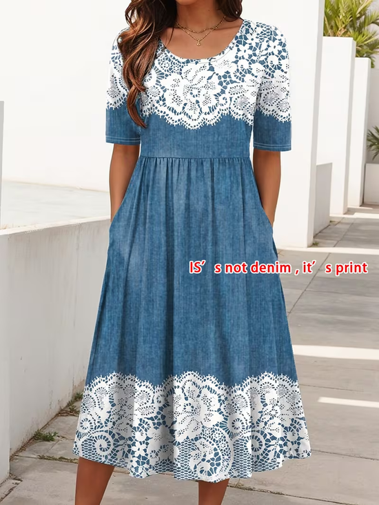 Women Floral Summer Printing Dress Crew Neck Short Sleeve Shift Dress H-Line Dress