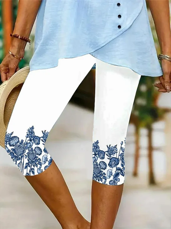 Women Floral Capris Elastic Waist Pants Casual Summer Trousers