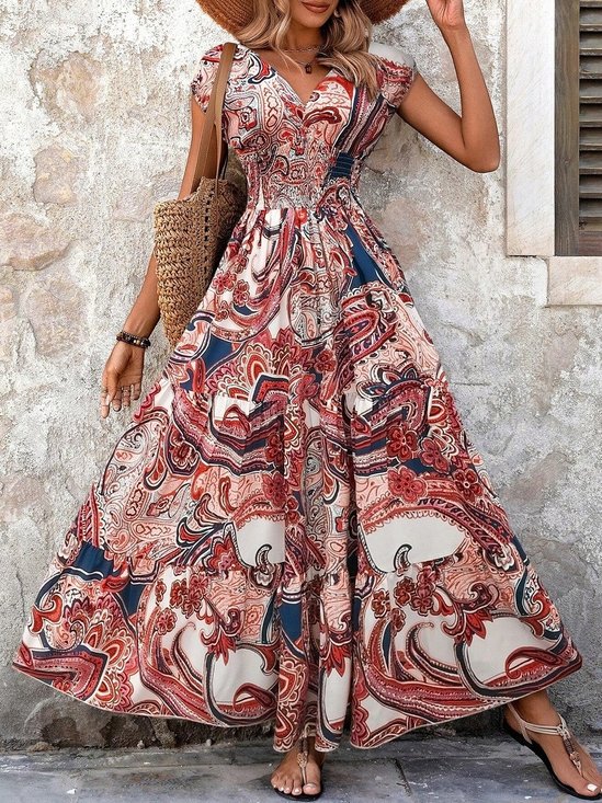 Women Geometric Summer Printing Dress V Neck Short Sleeve Fit & Flare Dress A-Line Dress