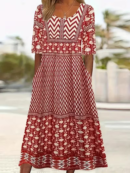 Women Abstract Graphic Summer Printing Dress Crew Neck Short Sleeve Shift Dress H-Line Dress