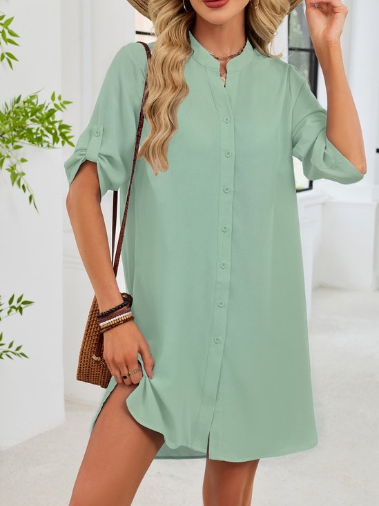 Women Plain Summer Split Joint Dress V Neck Half Sleeve Shirt Dress A-Line Dress