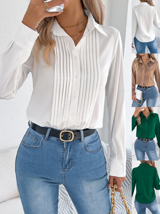 Shawl Collar Long Sleeve Plain Split Joint Regular Micro-Elasticity Loose Tunic Shirt For Women