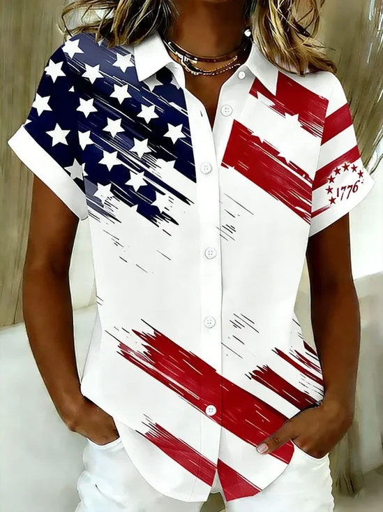 Shirt Collar Short Sleeve America Flag Printing Regular Micro-Elasticity Loose Button Up Shirt Shirt For Women