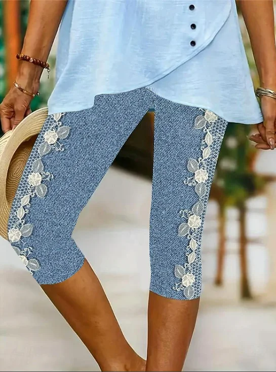 Women Floral Capris Elastic Waist Pants Casual Summer Trousers
