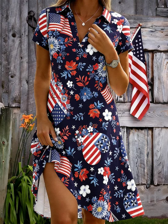 Women Floral All Season Dress
                                    Shawl Collar Short Sleeve Shirt
                                    Dress A-Line Dress