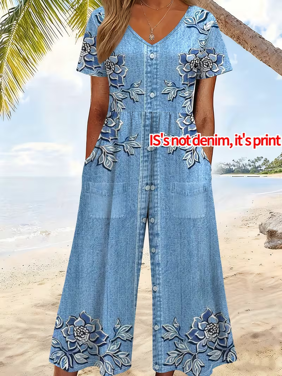 Women Floral V Neck Half Sleeve Casual Summer Jumpsuit