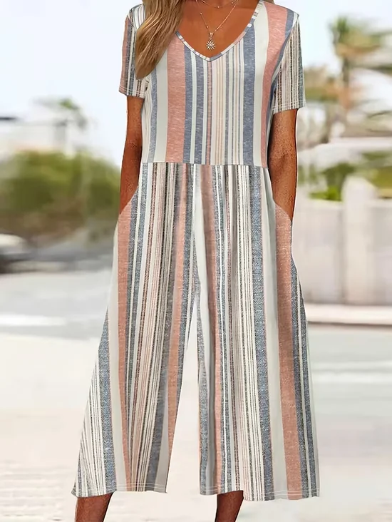 Women Striped V Neck Half Sleeve Casual Summer Jumpsuit