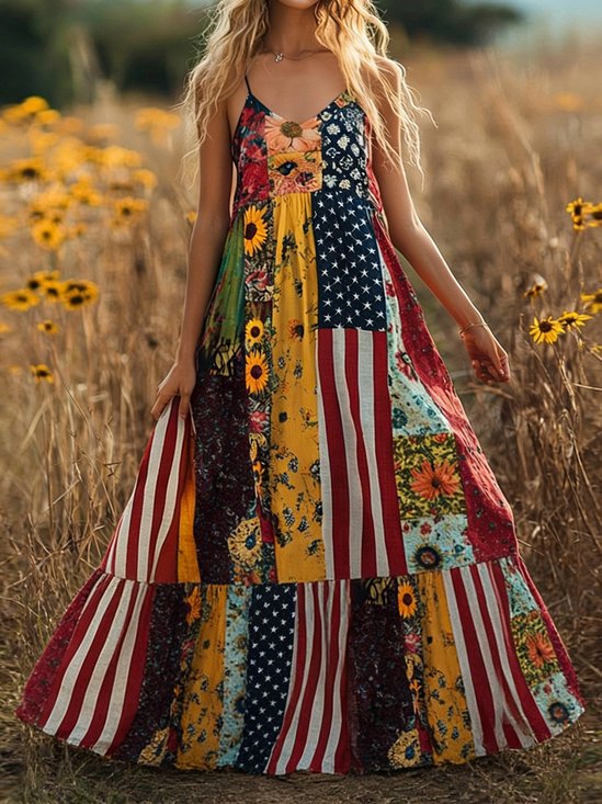 Women America Flag Summer Dress V Neck Sleeveless Fit & Flare Dress A-Line Dress