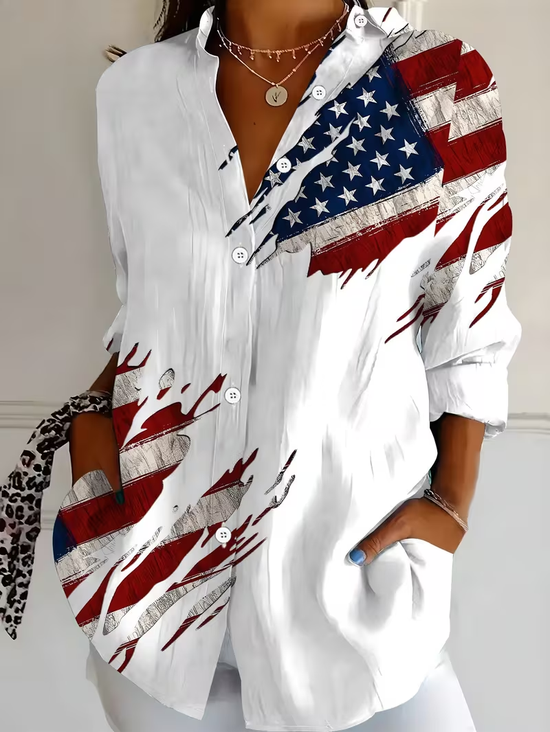 Shirt Collar Regular Sleeve Long Sleeve America Flag Buckle Regular Loose Button Up Shirt Shirt For Women