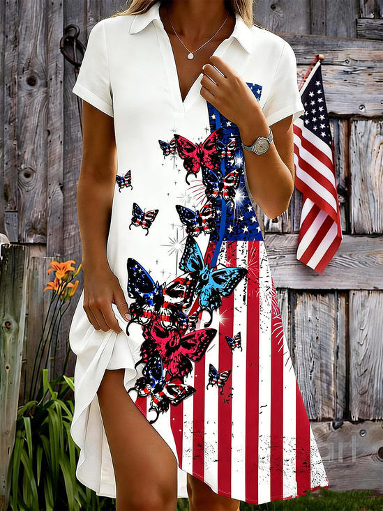Women Independence Day (Flag) All Season Dress Shawl Collar Short Sleeve Shirt Dress A-Line Dress