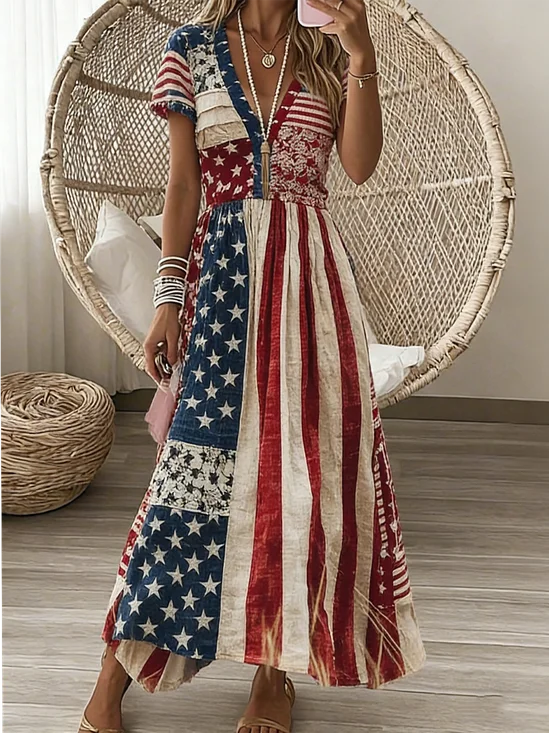Women Spring Dress V Neck America Flag Printing Long Sleeve A-Line Dress