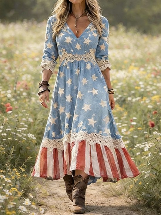 Women Striped Spring/Fall Dress V Neck Long Sleeve Fit & Flare Dress A-Line Dress