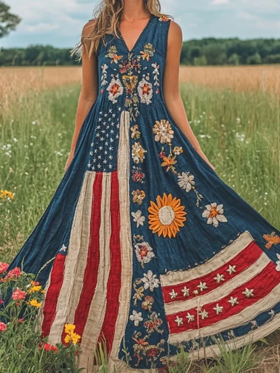 Women Floral Summer Dress V
                                    Neck Sleeveless A-Line Dress