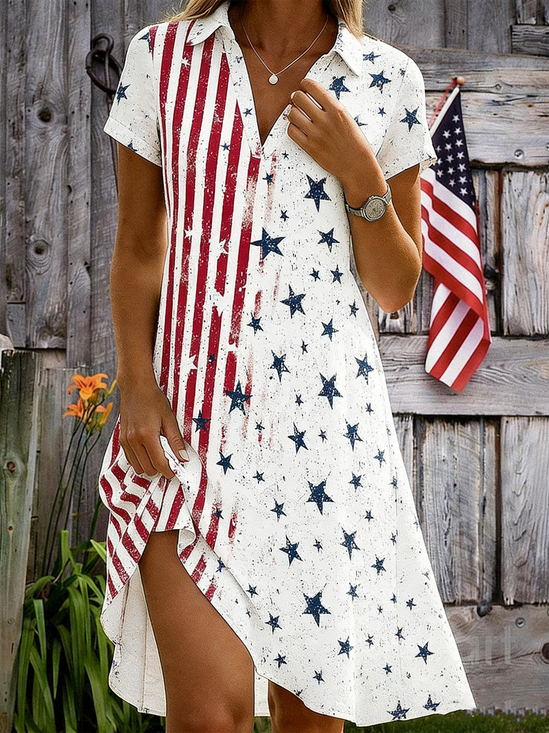 Women Independence Day (Flag) All Season Dress Shawl Collar Short Sleeve Shirt Dress A-Line Dress