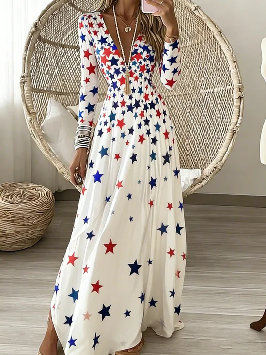 Women Geometric Spring/Fall
                                    Dress V Neck Long Sleeve A-Line
                                    Dress