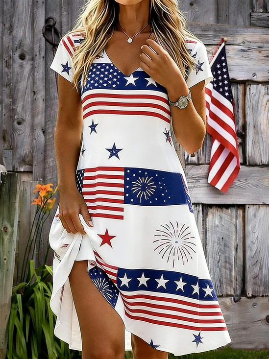 Women Floral Summer Dress V
                                    Neck Short Sleeve A-Line Dress