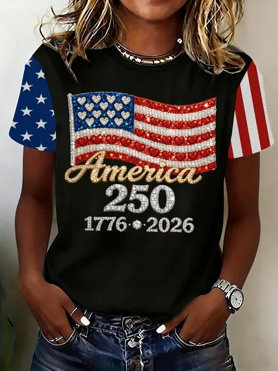 America 250 Years Anniversary Print Casual Crew Neck Short Sleeve T-shirt