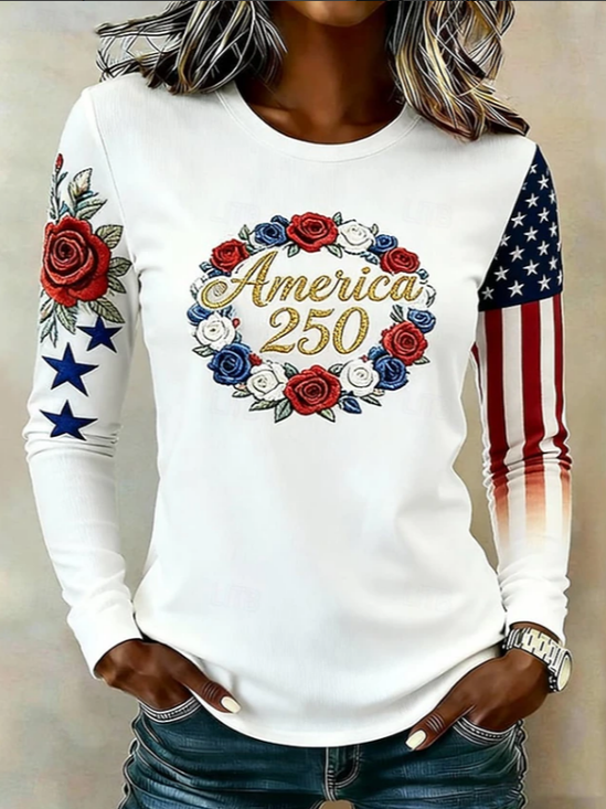 America 250 Years Anniversary Floral Printing Casual Crew Neck Long Sleeve T-shirt