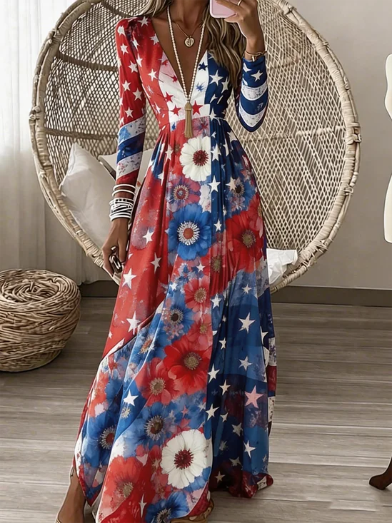 Women Geometric Spring/Fall Dress V Neck Long Sleeve A-Line Dress