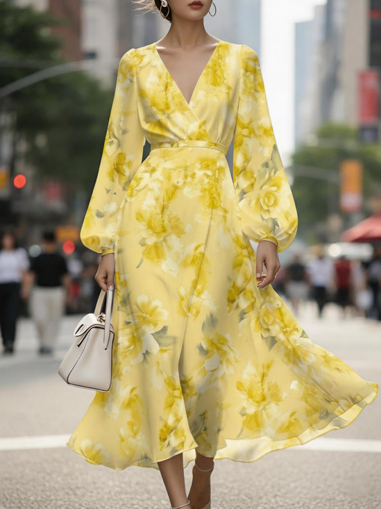 Women Floral Spring/Fall Dress V Neck Long Sleeve A-Line Dress
