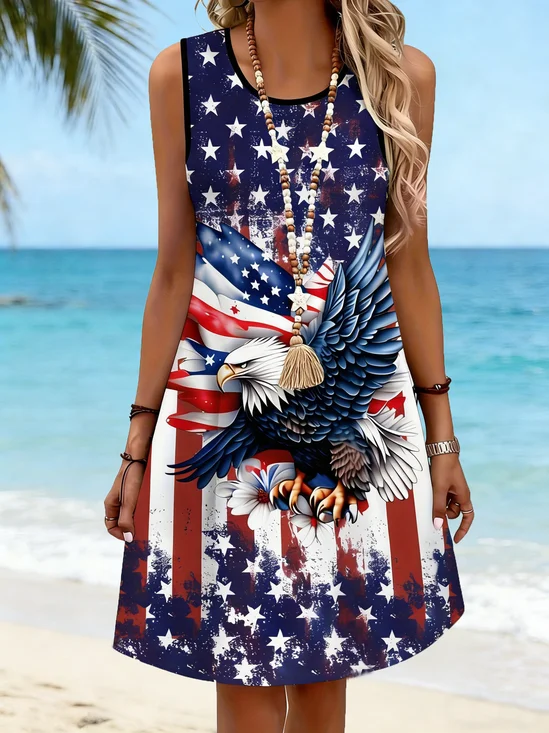 Women America Flag Summer Dress Crew Neck Sleeveless Tank A-Line Dress