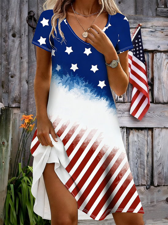 Women Floral Summer Dress V
                                    Neck Short Sleeve A-Line Dress