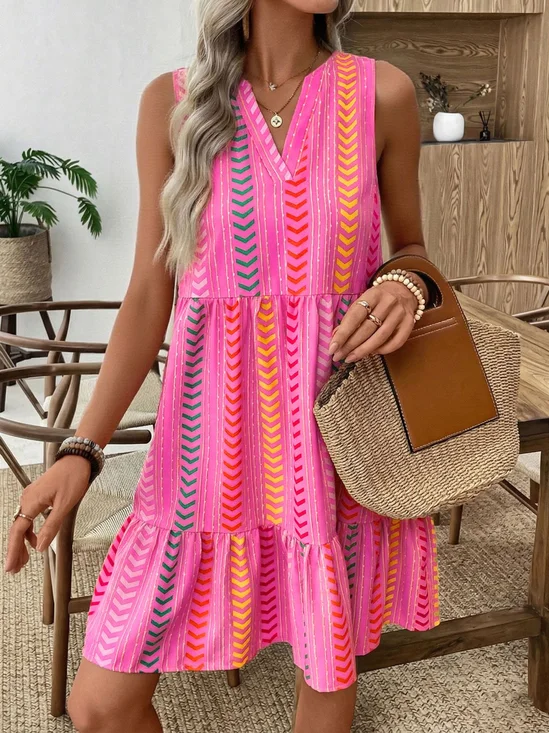 Women Geometric Summer Dress V Neck Sleeveless Fit & Flare Dress A-Line Dress