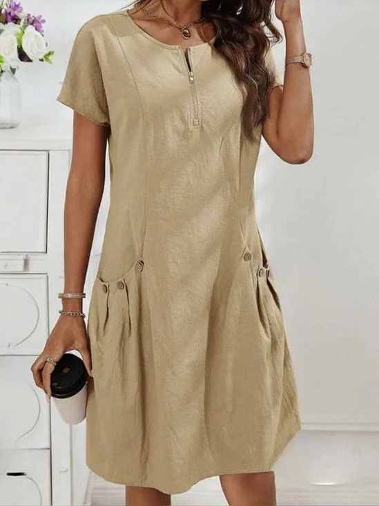 Women Plain Summer Dress Crew Neck Short Sleeve X-Line Dress