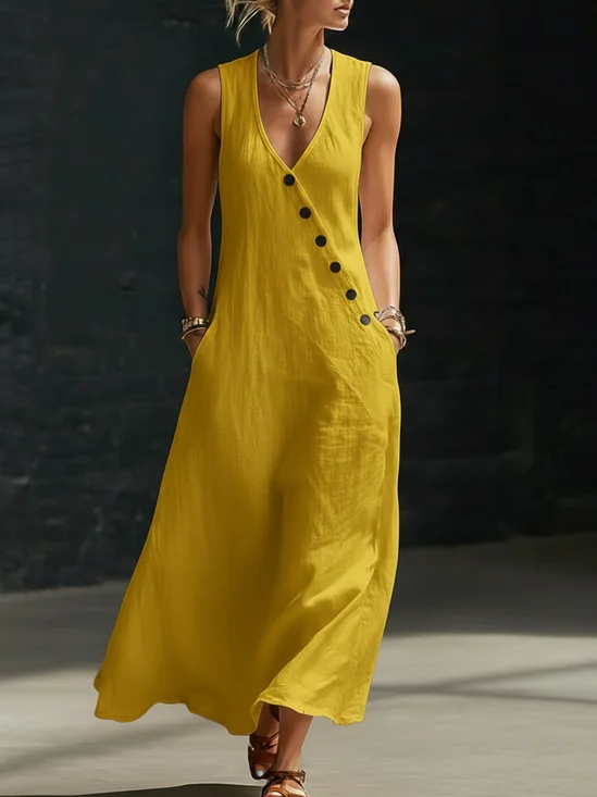 Women Plain Summer Dress V Neck Sleeveless Fit & Flare Dress A-Line Dress