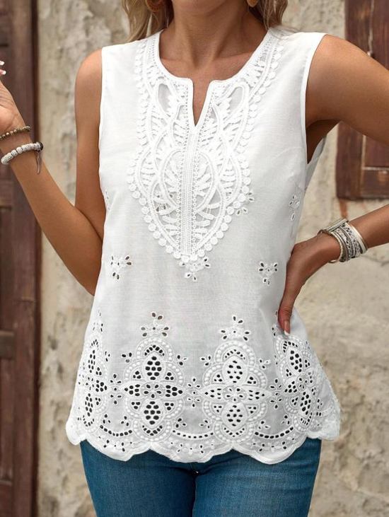 Casual Embroidery Patterns V Neck Sleeveless T-shirt
