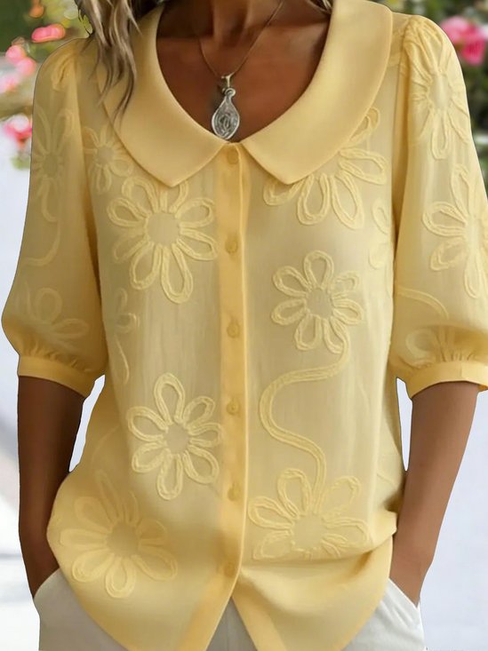 Crew Neck Short Sleeve Embroidery Patterns Regular Loose Shirt For Women