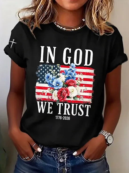 Casual America Flag Floral Printing Crew Neck Short Sleeve T-shirt