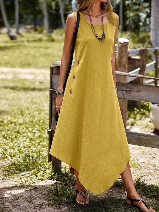 Women Plain Summer Dress Crew Neck Sleeveless Fit & Flare Dress A-Line Dress