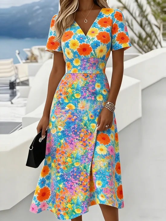 Women Floral Summer Dress V
                                        Neck Short Sleeve Beach Dress
                                        A-Line Dress