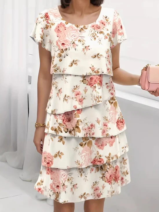 Women Floral Summer Dress Crew Neck Short Sleeve Fit & Flare Dress A-Line Dress