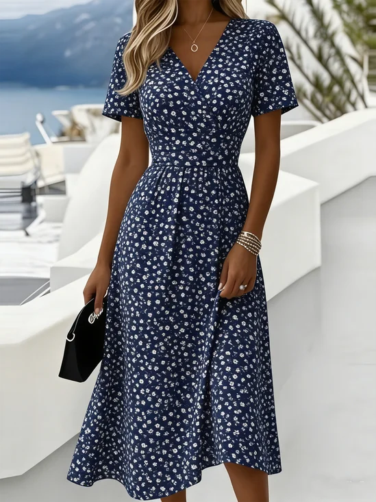 Women Floral Summer Dress V Neck Short Sleeve Beach Dress A-Line Dress
