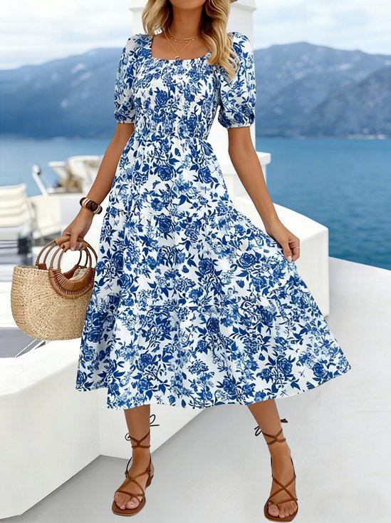 Women Floral Summer Dress Square Neck Short Sleeve Fit & Flare Dress A-Line Dress